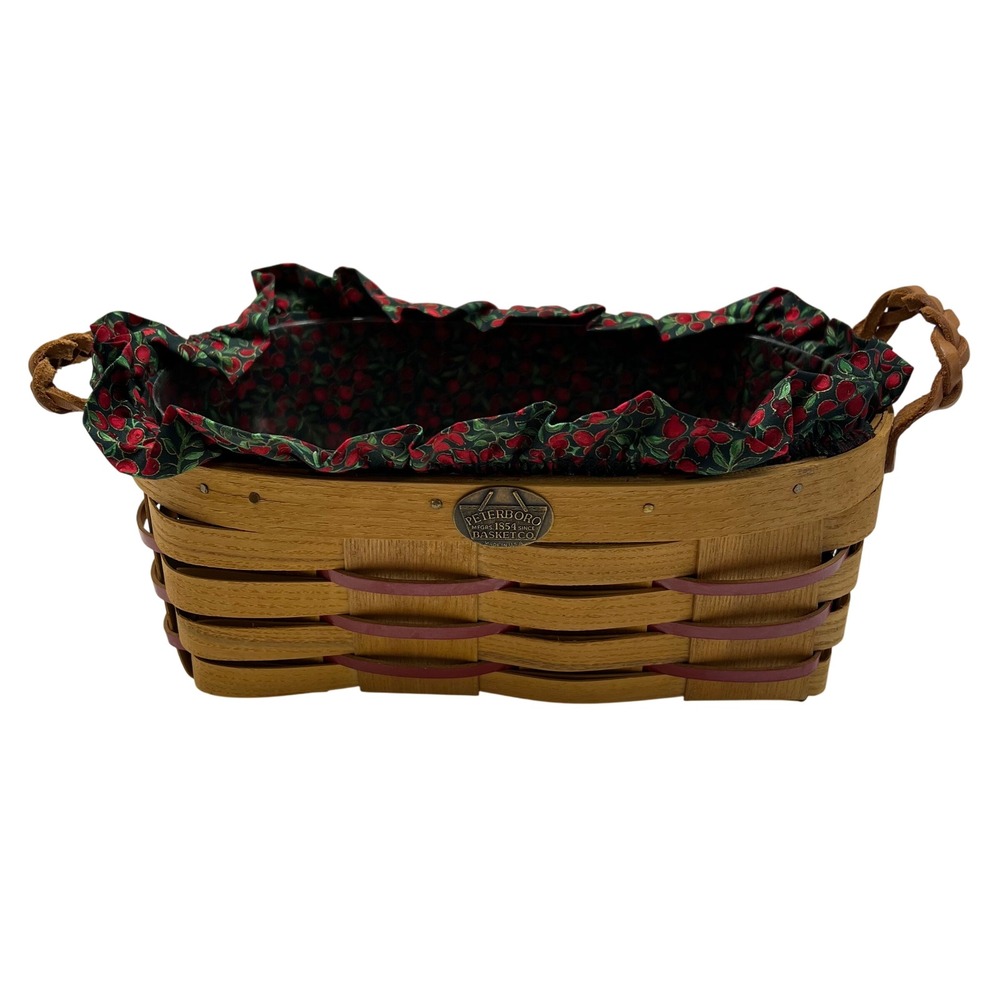 Peterboro Basket Co VTG Yuletide Berry Woven Wood Basket Leather Handle USA Made